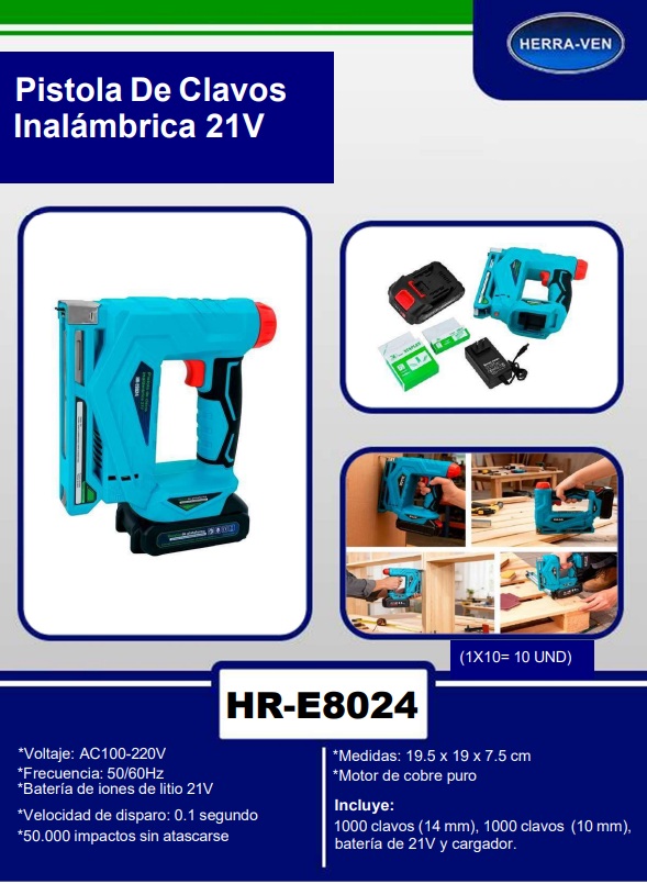 PISTOLA INALAMBRICA 21V CLAVOS