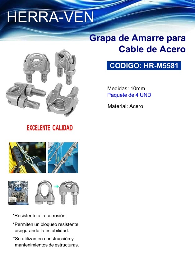GRAPA DE AMARRE PARA CABLE DE ACERO PAQ 4 UND  10MM
