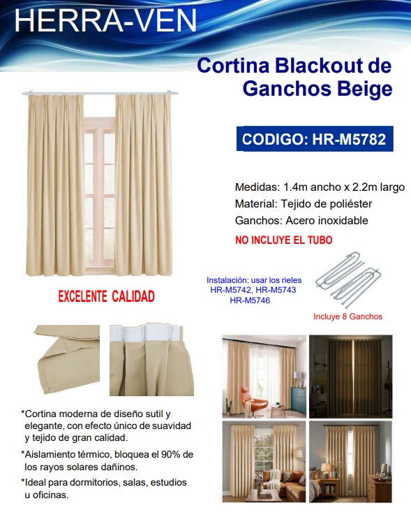 CORTINA BLACKOUT DE GANCHOS BEIGE 1,4 X 2,2 MTS