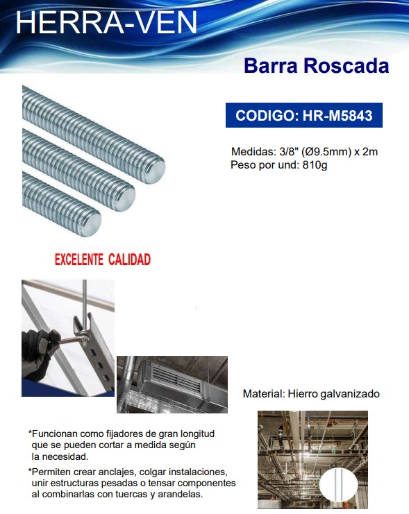 BARRA ROSCADA 3/8 X 2MTS