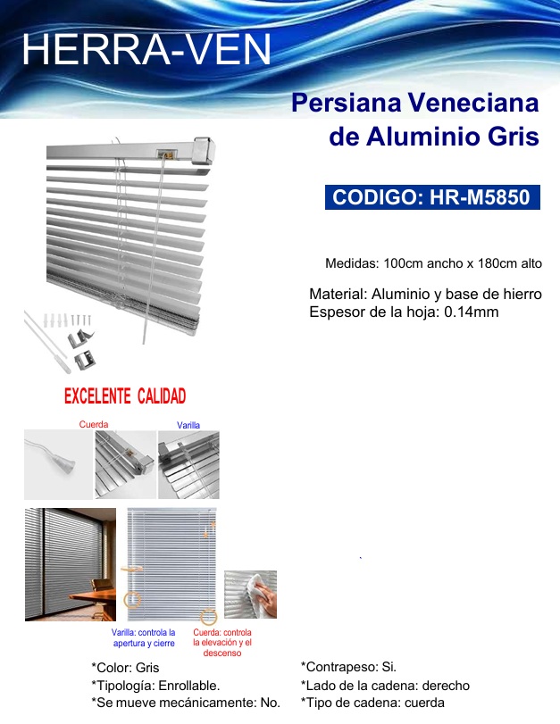 PERSIANA VENECIANA DE ALUMINIO GRIS 100CM X 180CM