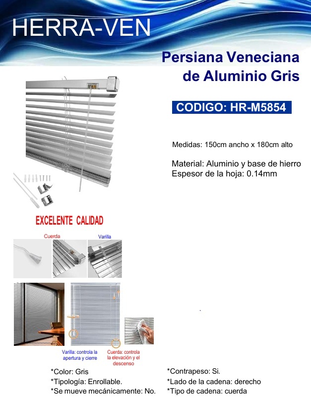 PERSIANA VENECIANA DE ALUMINIO GRIS 150CM X 180CM