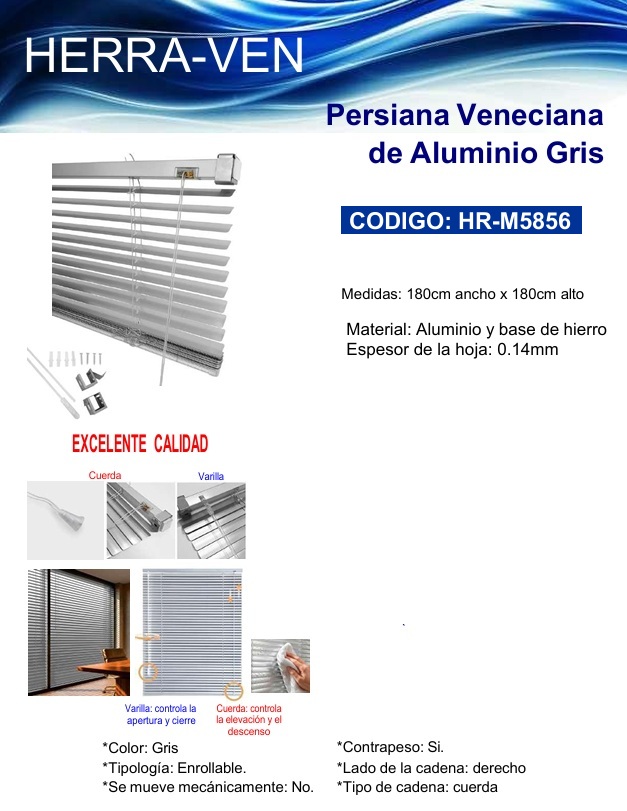 PERSIANA VENECIANA DE ALUMINIO GRIS 180CM X 180CM