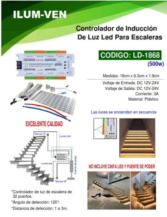 CONTROL INDUC LUZ LED P/ESCAL - 500W - 32 PUERTOS - DETECC 3M - (IN-OUT / 12V-24
