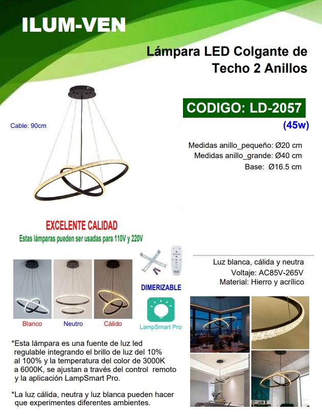 LAMPARA COLGANTE TECHO LED 2 ANILOS (45W)