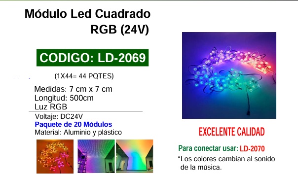 MODULO LED CUAD - RGB - 24V - 7X7CM - LARGO 5MTS (UND)