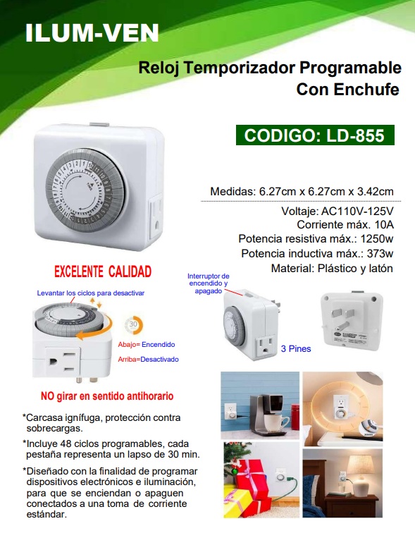 Reloj temporizador programable con enchufe 10 A 110V