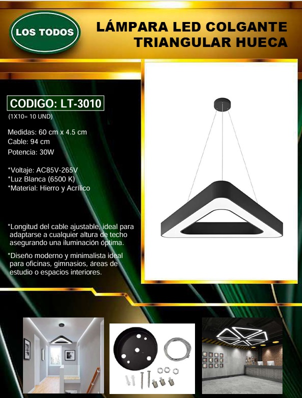 LAMP COLGANTE TECHO - LED - 30W - 6500K - TRIANGULAR HUECA - 60X4,5CM - HIERRO A