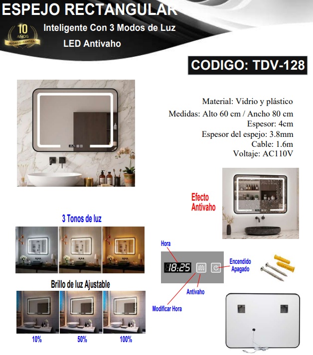 ESPEJ RECTANG AntiVaho - 3MODOS LUZ -