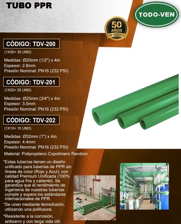 TUBO PPR 3/4 X25MM X 4MTS - 3,5MM - 232 PSI - PN 16 - AGUA FRIA CALIENTE