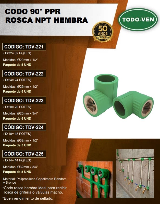 CODO 90° ADAPT PPR - 32MM X 1/2 NPT HEMBRA - UND