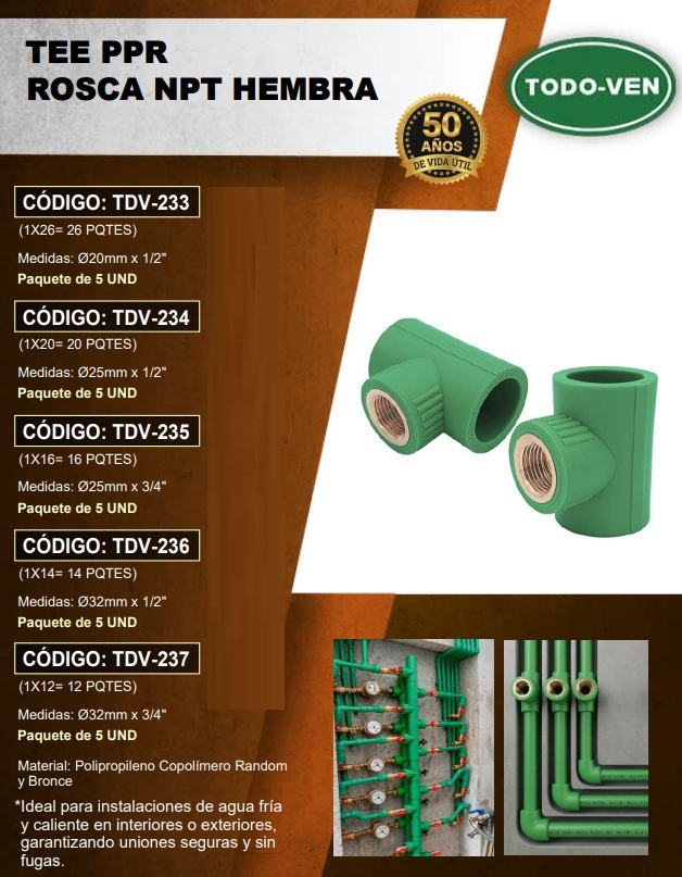 TEE ADAPT PPR - 25MM X 1/2 NPT HEMBRA - UND